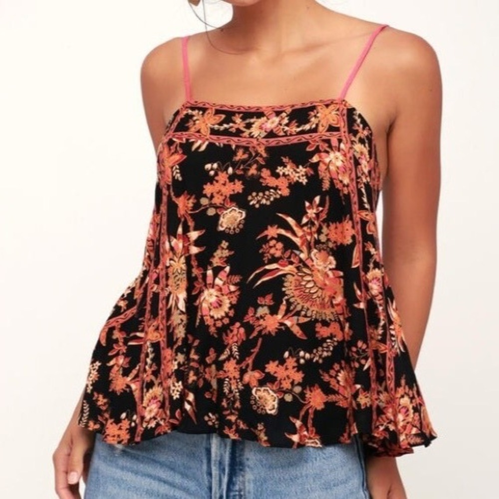 Free People Sweet Talk Floral‎ Printed Cami-Black Multi-Women's Size XS $58